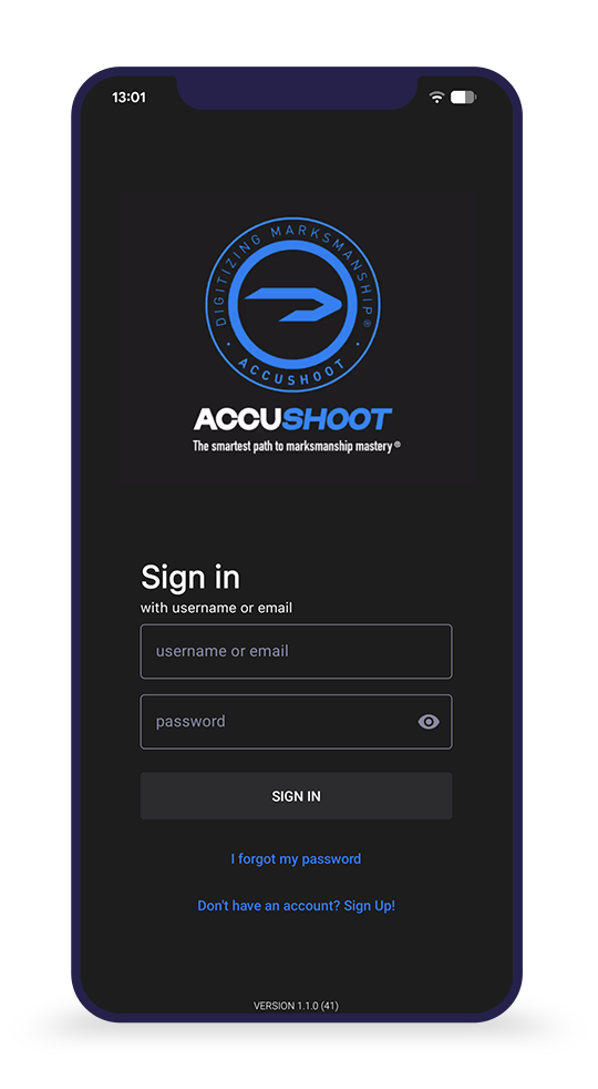 Pantalla de acceso de la aplicación Android AccuShoot