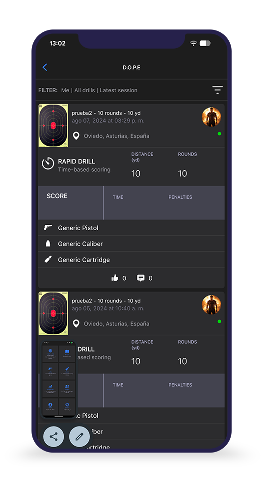 Historial DOPE de sesiones en AccuShoot