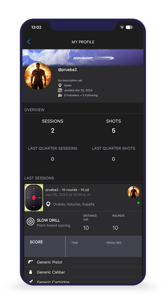 Perfil de tirador y sesiones recientes en AccuShoot