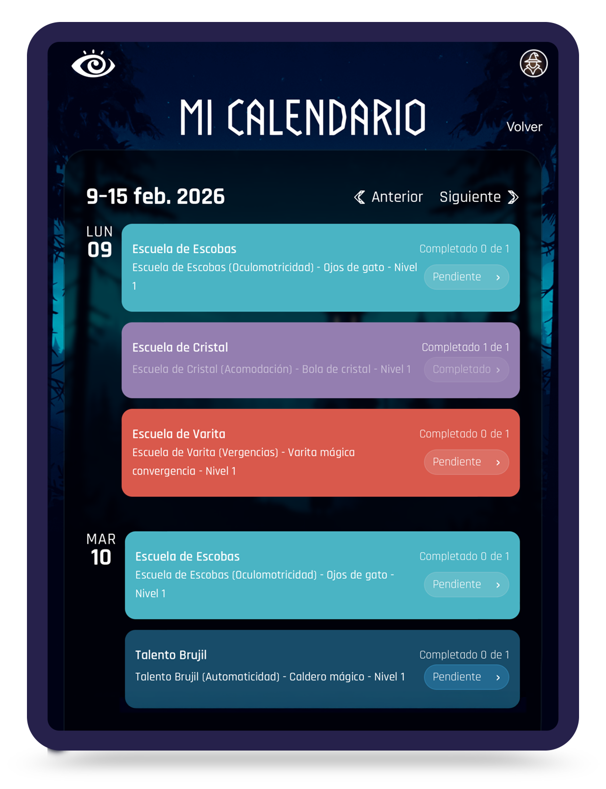 Calendario semanal de ejercicios pautados en Escuelas Visualia